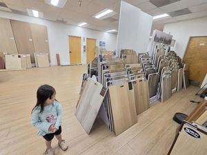 Browsing the hardwood flooring panel displays at Duro