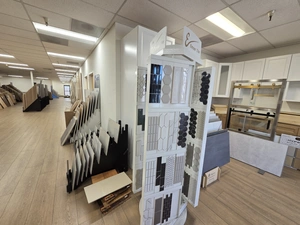 Vertical tile and stone backsplash sample tower