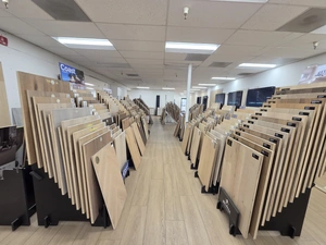 Multiple aisles of flooring sample racks at Duro