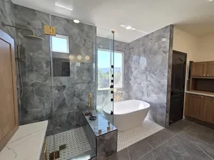 9Builders: Spacious Walk-In Shower and Tub Combo with Elegant Finishes