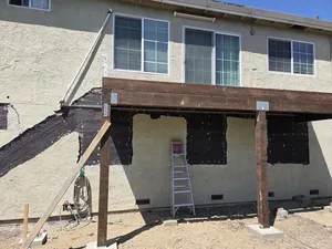 Construction materials and site setup for deck build