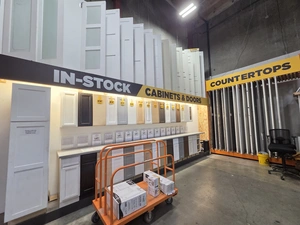 In-Stock Cabinets and Doors / Countertops display wall