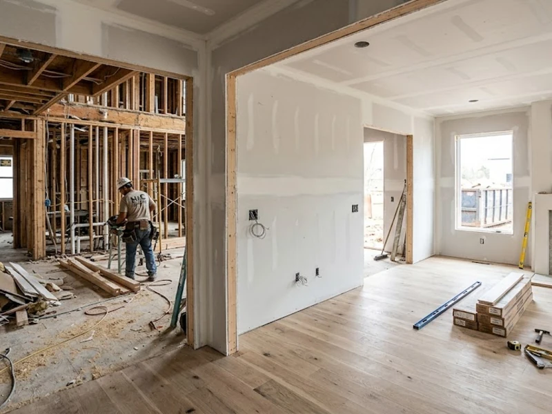 Whole-home renovation in progress showing new drywall and flooring with framing visible in background