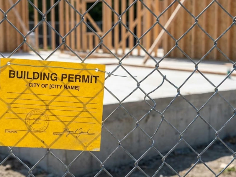 Building permit placard posted on a construction site fence with framing visible behind it