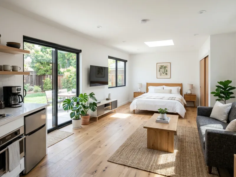 Modern ADU rental unit interior in the Bay Area with kitchen and living space