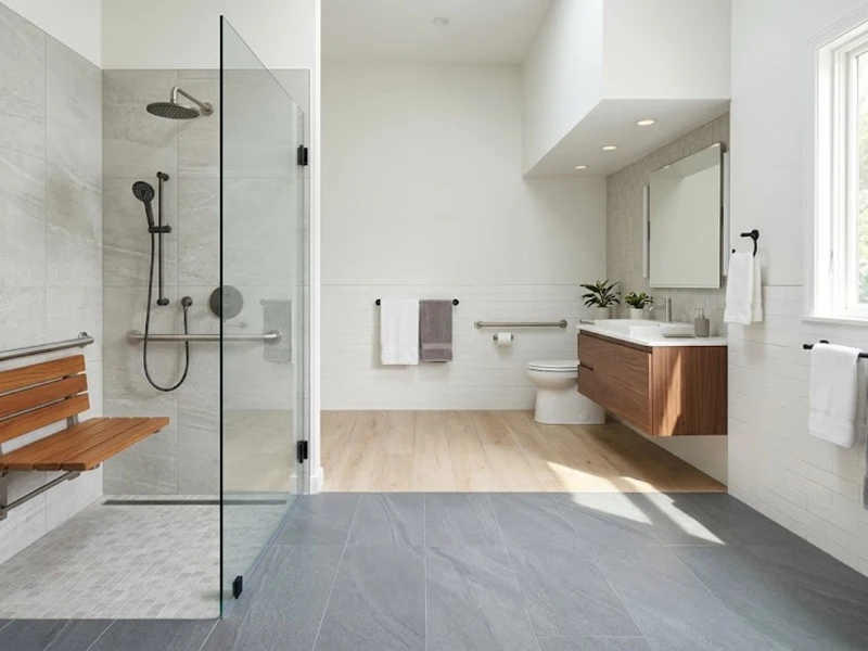 Bathroom aging in place design Bay Area with accessible walk-in shower and grab bars