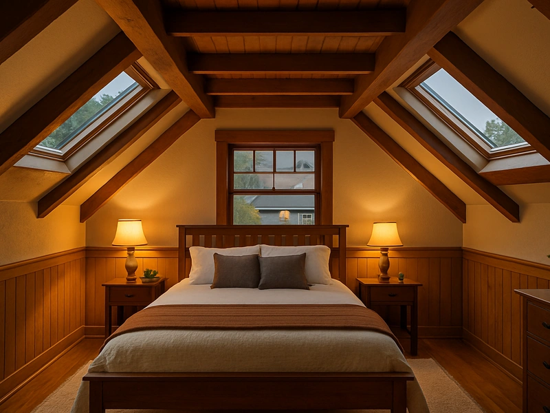 Costo de conversión de ático en el Área de la Bahía — dormitorio de ático terminado con ventana de buhardilla y pisos de madera
