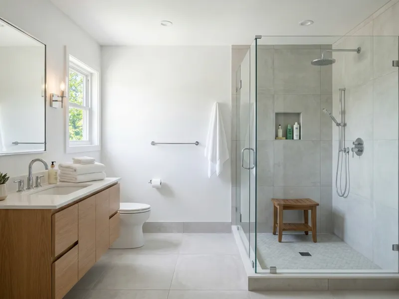 Phòng tắm vừa được thêm vào trong một ngôi nhà ở Vùng Vịnh với gạch lát và thiết bị hiện đại