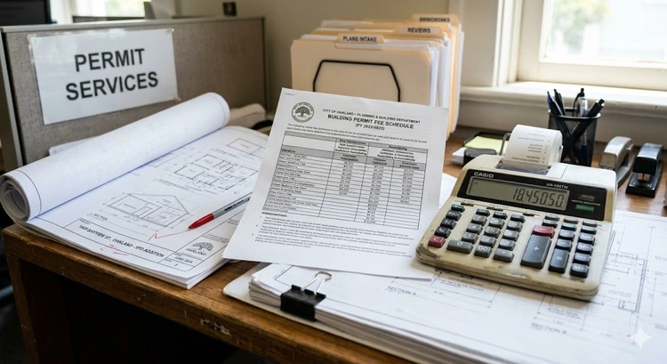 Bay area building permit costs displayed on architectural plans spread across a contractor desk