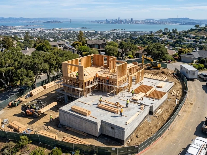 Custom home under construction in the Bay Area showing framing and structural work in progress
