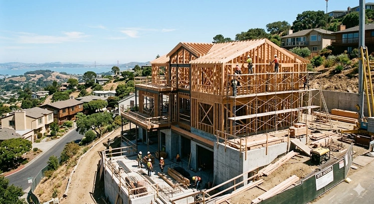 Custom home building cost Bay Area का अवलोकन जिसमें एक आवासीय मोहल्ले में निर्माणाधीन आधुनिक घर दिखाया गया है