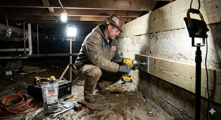 Earthquake retrofitting cost bay area — एक उठी हुई नींव पर नई प्लाईवुड शियर वॉल और एंकर बोल्ट का निरीक्षण करता ठेकेदार