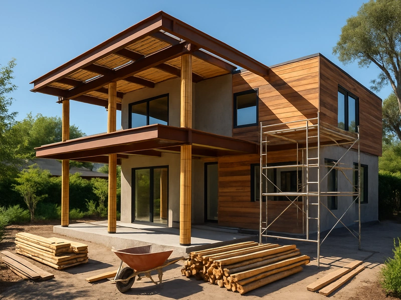 Eco-friendly building materials Bay Area home under construction with reclaimed wood and recycled steel framing