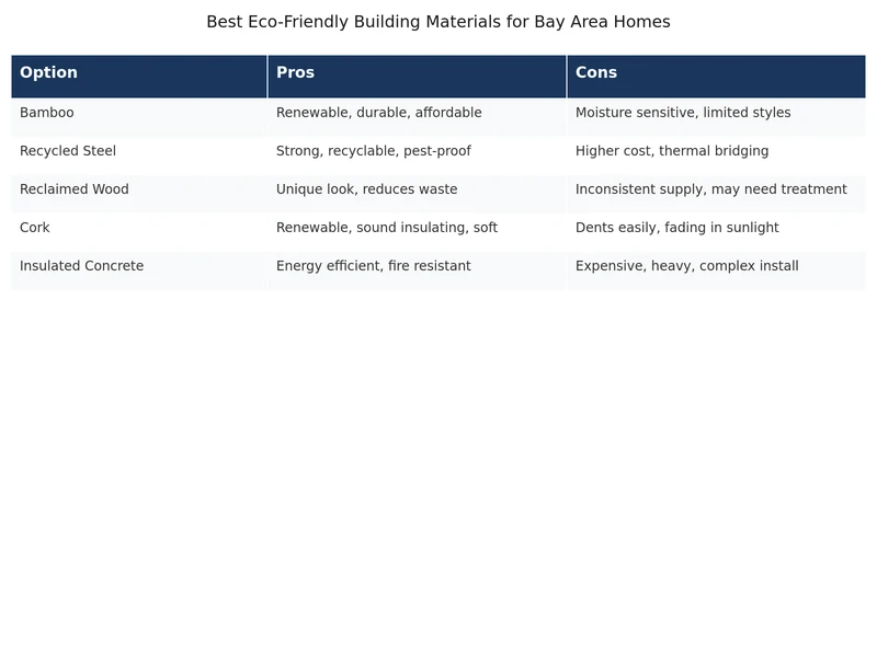 Comparison of eco-friendly building materials Bay Area project options including fiber cement siding, mineral wool insulation, and bamboo flooring