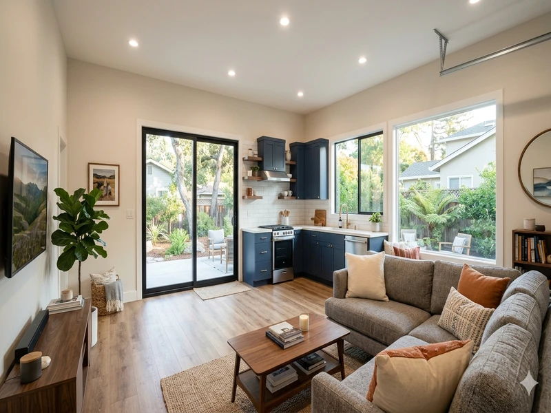 Finished garage conversion living space in a Bay Area home showing modern interior with kitchenette and natural lighting
