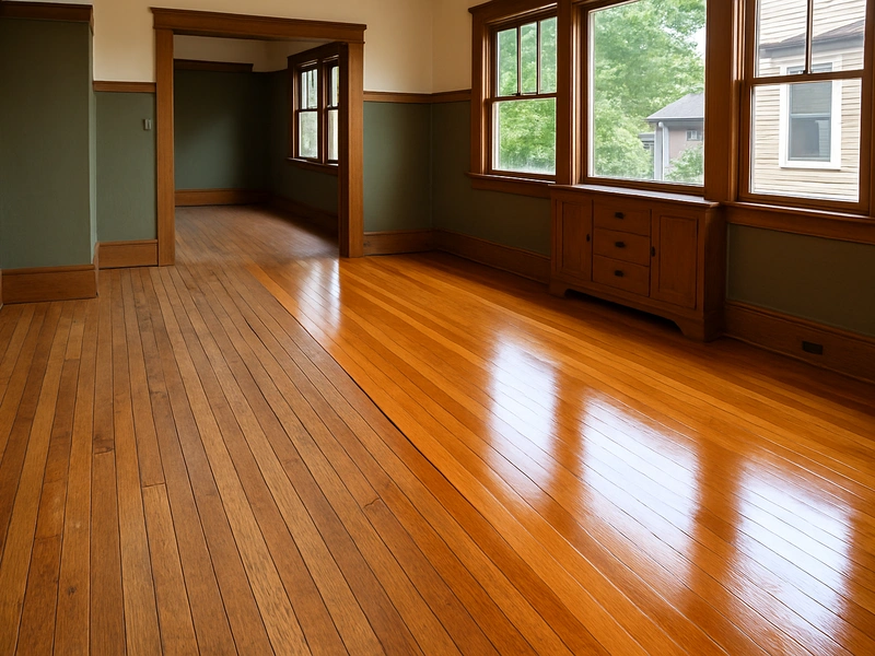 Costo de restauración de pisos de madera en el Área de la Bahía — piso de roble recién lijado y teñido en una casa en San José