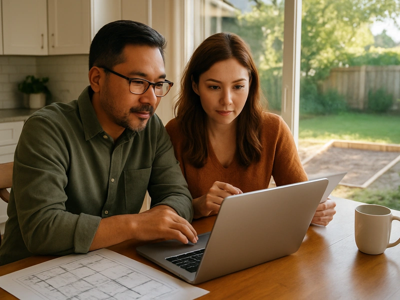 Propietario del Área de la Bahía revisando opciones de financiamiento para ampliación del hogar con contratista