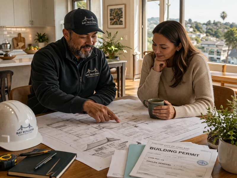 Danh sách kiểm tra yêu cầu giấy phép cải tạo nhà ở Bay Area trên bàn cùng với bản vẽ thiết kế