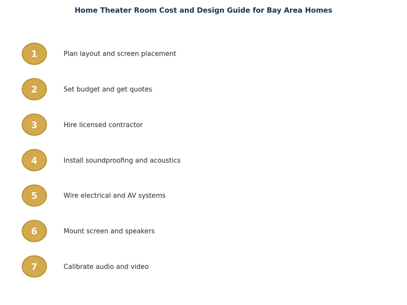 Diagrama de proceso paso a paso para la construcción de una sala de cine en casa en el Área de la Bahía