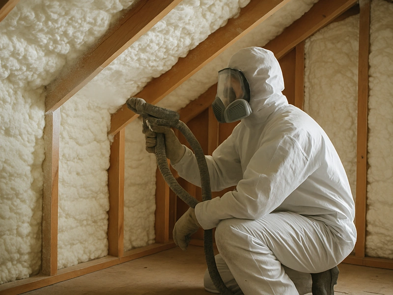 灣區隔熱施工費用——承包商在閣樓噴塗泡沫隔熱材料