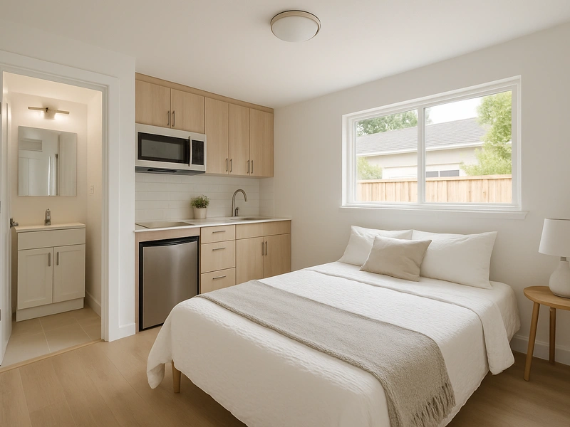 Nội thất Junior ADU Bay Area cho thấy phòng ngủ được cải tạo với bếp nhỏ và lối vào riêng