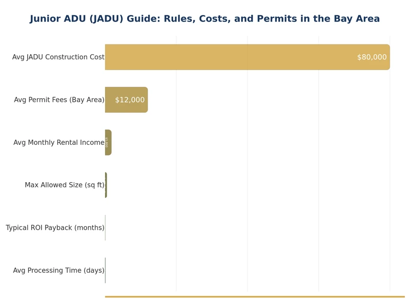 Biểu đồ cột so sánh chi phí junior ADU trung bình với chi phí ADU tiêu chuẩn tại Bay Area theo từng hạng mục