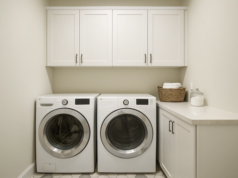Chi phí xây thêm phòng giặt tại Bay Area — phòng giặt hiện đại với tủ tùy chỉnh và bàn gấp quần áo