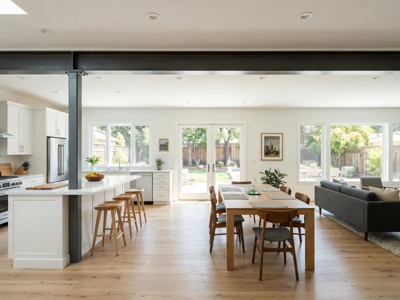 Open concept living space after load-bearing wall removal in a Bay Area home