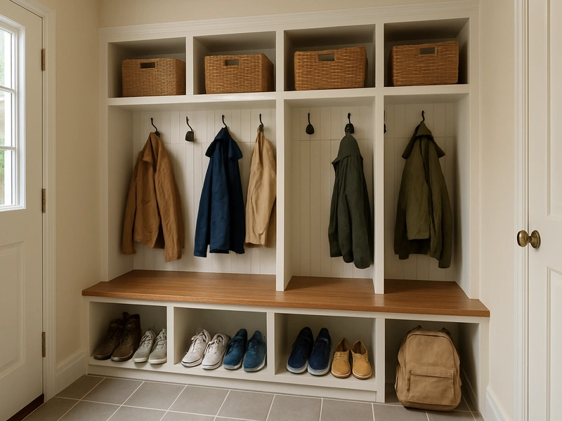 Bay Area घर में बिल्ट-इन लॉकर और बेंच सीटिंग के साथ मडरूम एडिशन