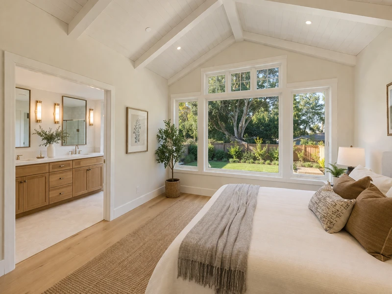 Chi phí xây thêm phòng suite chính tại Bay Area — phòng ngủ chính sang trọng đã hoàn thiện với trần vòm và phòng tắm en-suite