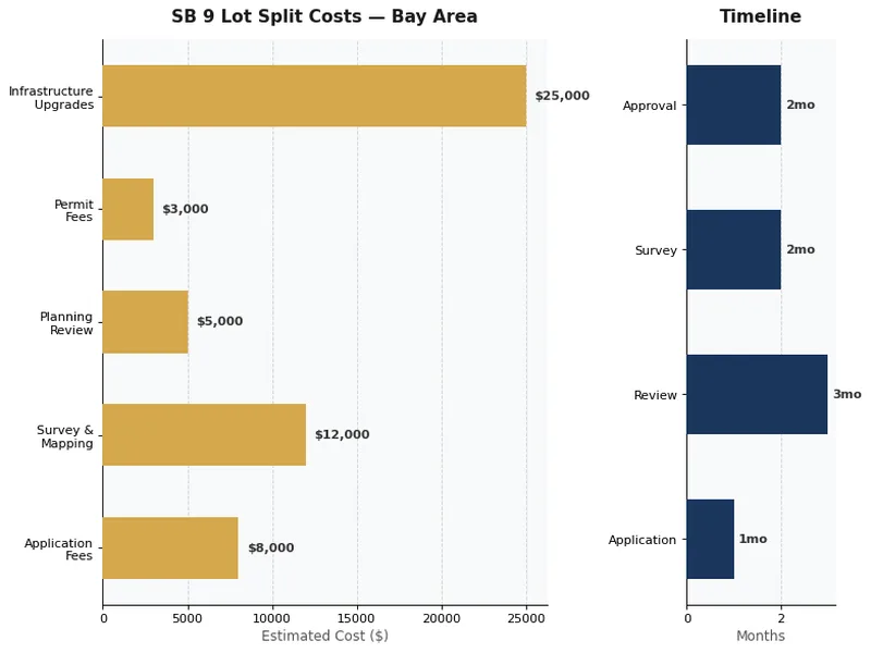 बे एरिया शहरों में SB 9 लॉट स्प्लिट समय सीमा और लागतों की तुलना करने वाला चार्ट