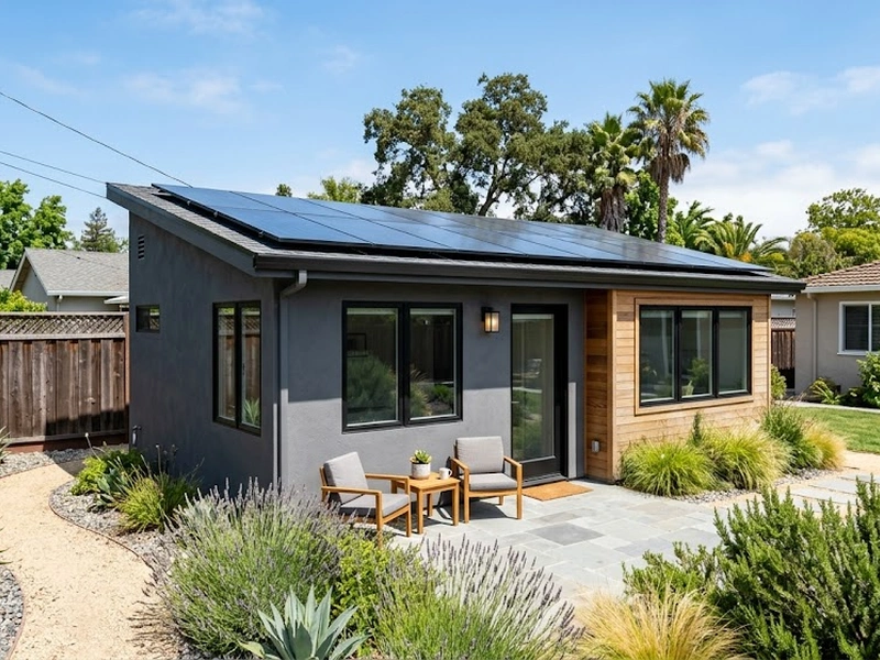 Solar panels installed on a detached ADU rooftop in a San Jose residential neighborhood