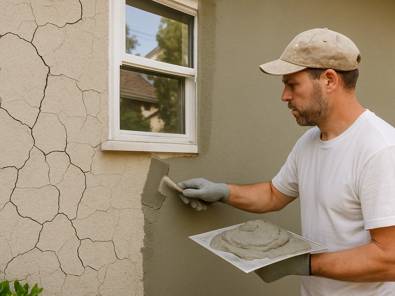 Costo de reparación de estuco en el Área de la Bahía — contratista parcheando estuco agrietado en el exterior de una vivienda del Área de la Bahía