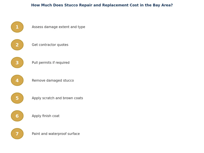 Diagrama de proceso de reparación de estuco paso a paso que muestra la aplicación de la capa de rasguño, capa marrón y capa de acabado