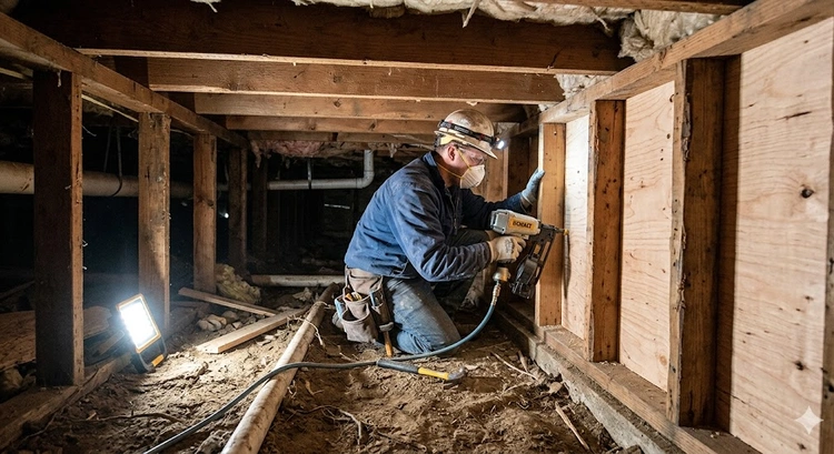 Cripple wall bracing installation in a Bay Area home crawl space showing structural plywood sheathing and anchor bolts