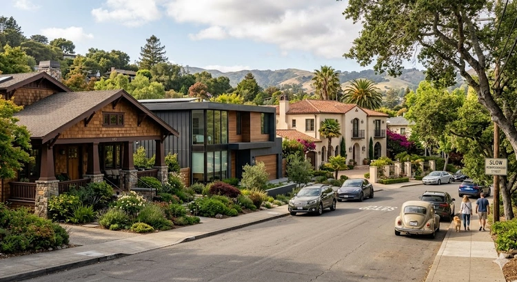 Custom home architectural styles in a Bay Area neighborhood showing Mediterranean and Contemporary designs side by side