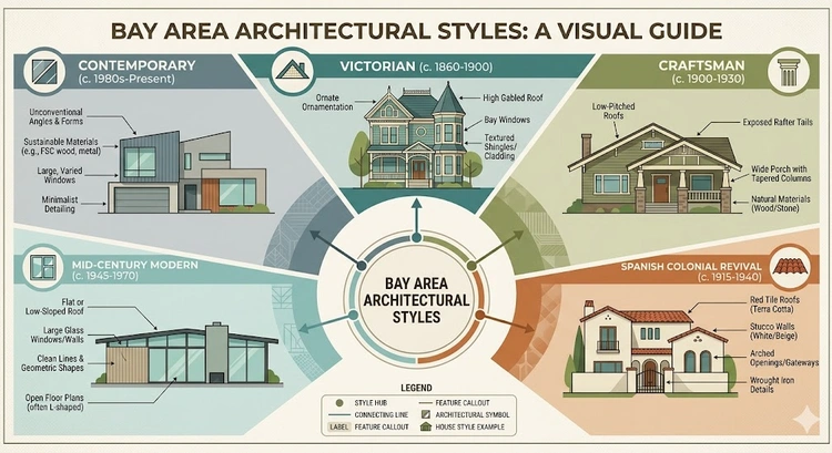 Infographic comparing maintenance timelines and costs for four Bay Area architectural styles