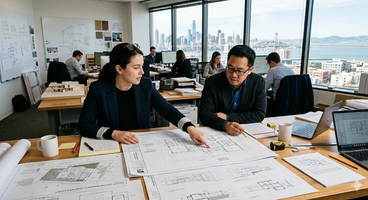 Custom home floor plan mistakes illustrated on architectural blueprints for a Bay Area project