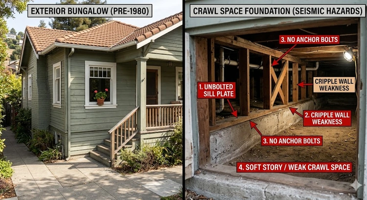 Bay Area home raised foundation showing where earthquake retrofitting is needed