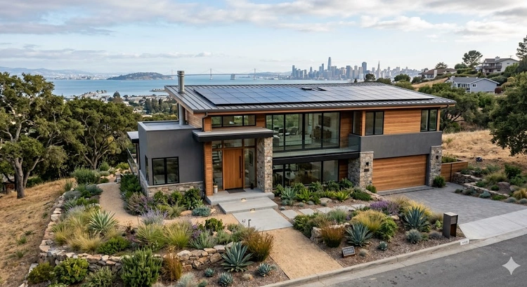 Energy efficient custom home design rendering in the Bay Area with solar panels and large windows
