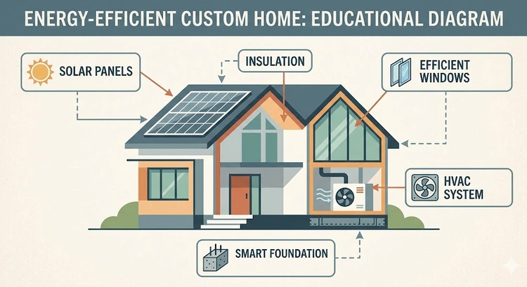 Infographic showing energy efficient custom home design elements for Bay Area builds