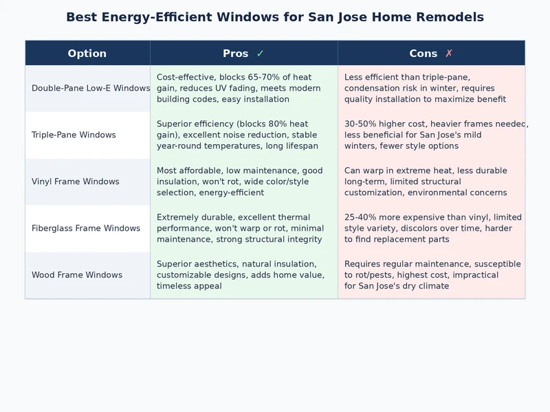 Comparison table showing cost versus energy savings for different window types in San Jose