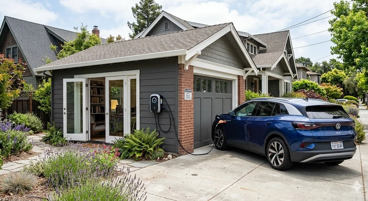 EV charger installation inside a Bay Area garage conversion with Level 2 charging station mounted on wall