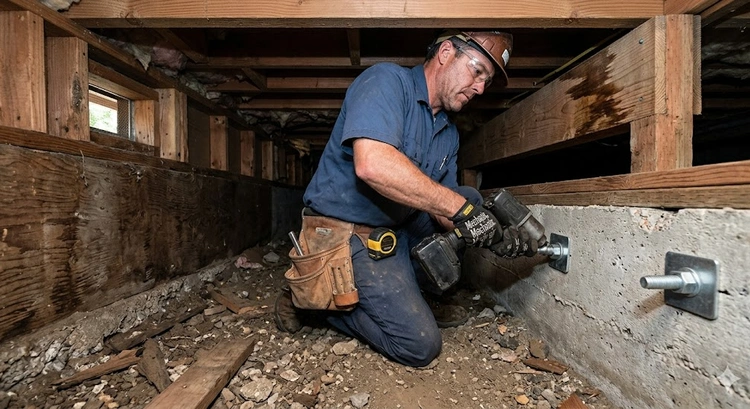 Foundation bolting installation in a San Jose home showing anchor bolts securing sill plate to concrete foundation