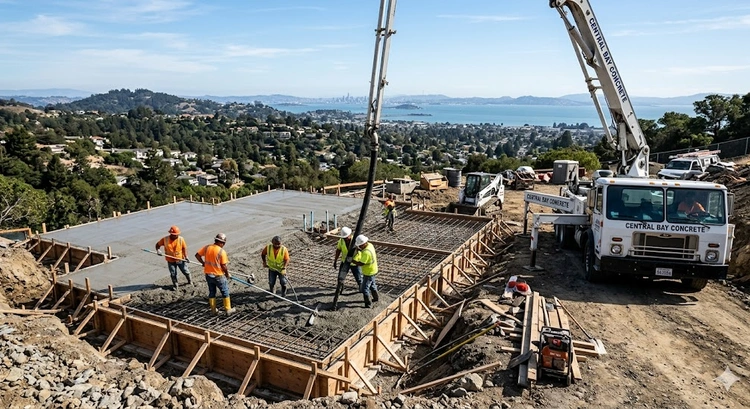 Custom home foundation cost Bay Area — concrete slab and pier foundation comparison on a residential job site