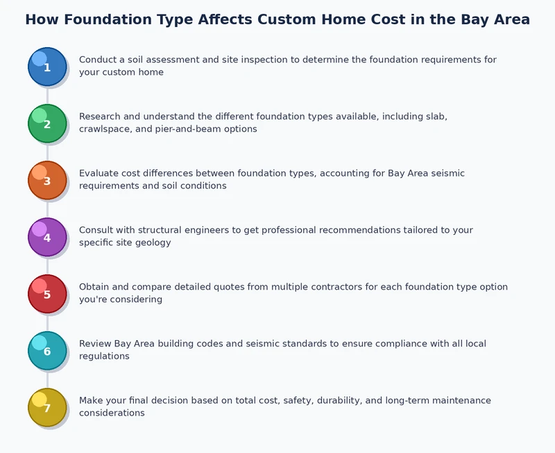 Process diagram showing the foundation design and cost decision workflow for Bay Area custom homes