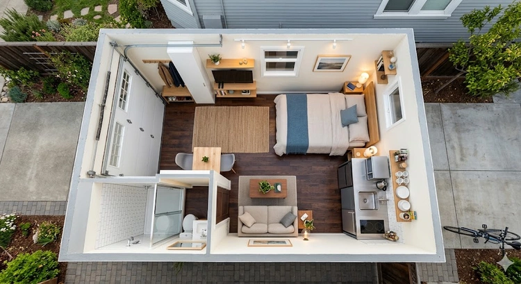 Garage conversion floor plans for small spaces showing a 380 sq ft Bay Area studio layout