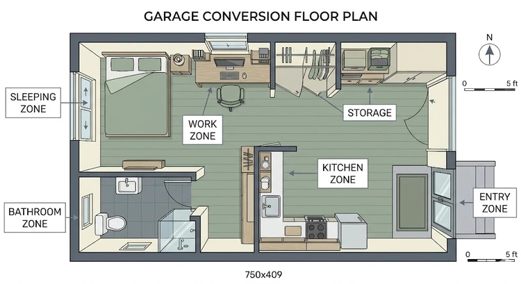 Infographic showing three garage conversion floor plan options for different use cases
