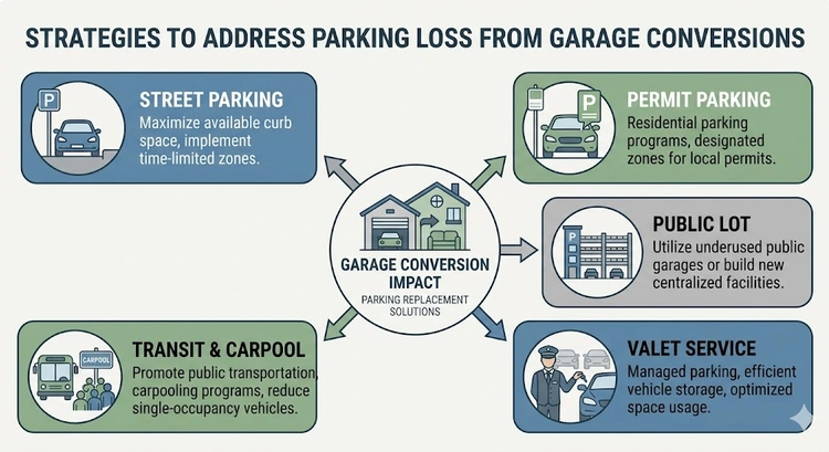 Infographic comparing garage conversion parking replacement options in San Jose with costs and space requirements