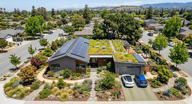 Modern LEED-certified residential home in San Jose with solar panels and drought-tolerant landscaping